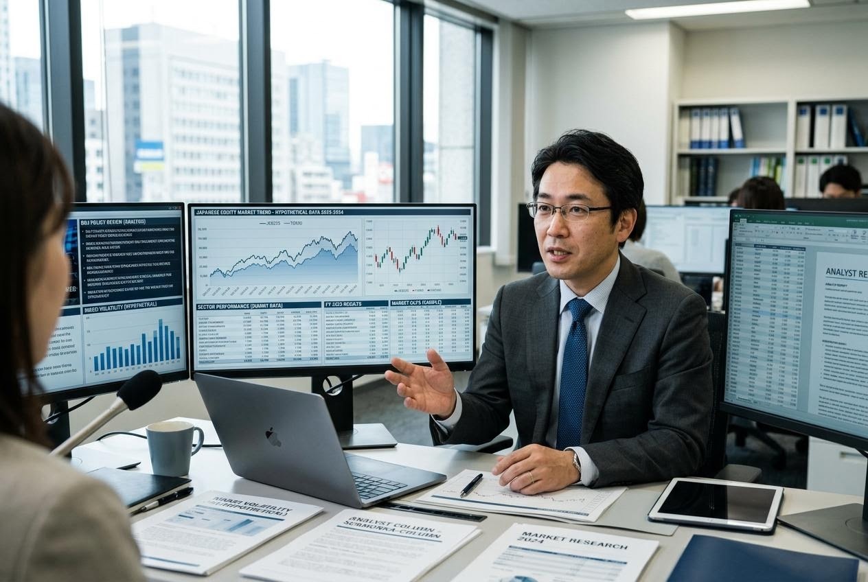 日本株市場の見方を語るアナリストのインタビューシーン