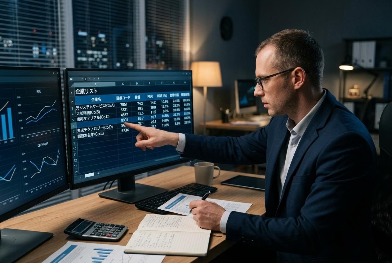 企業価値評価の指標を分析するプロフェッショナルの選株プロセスのビジュアル